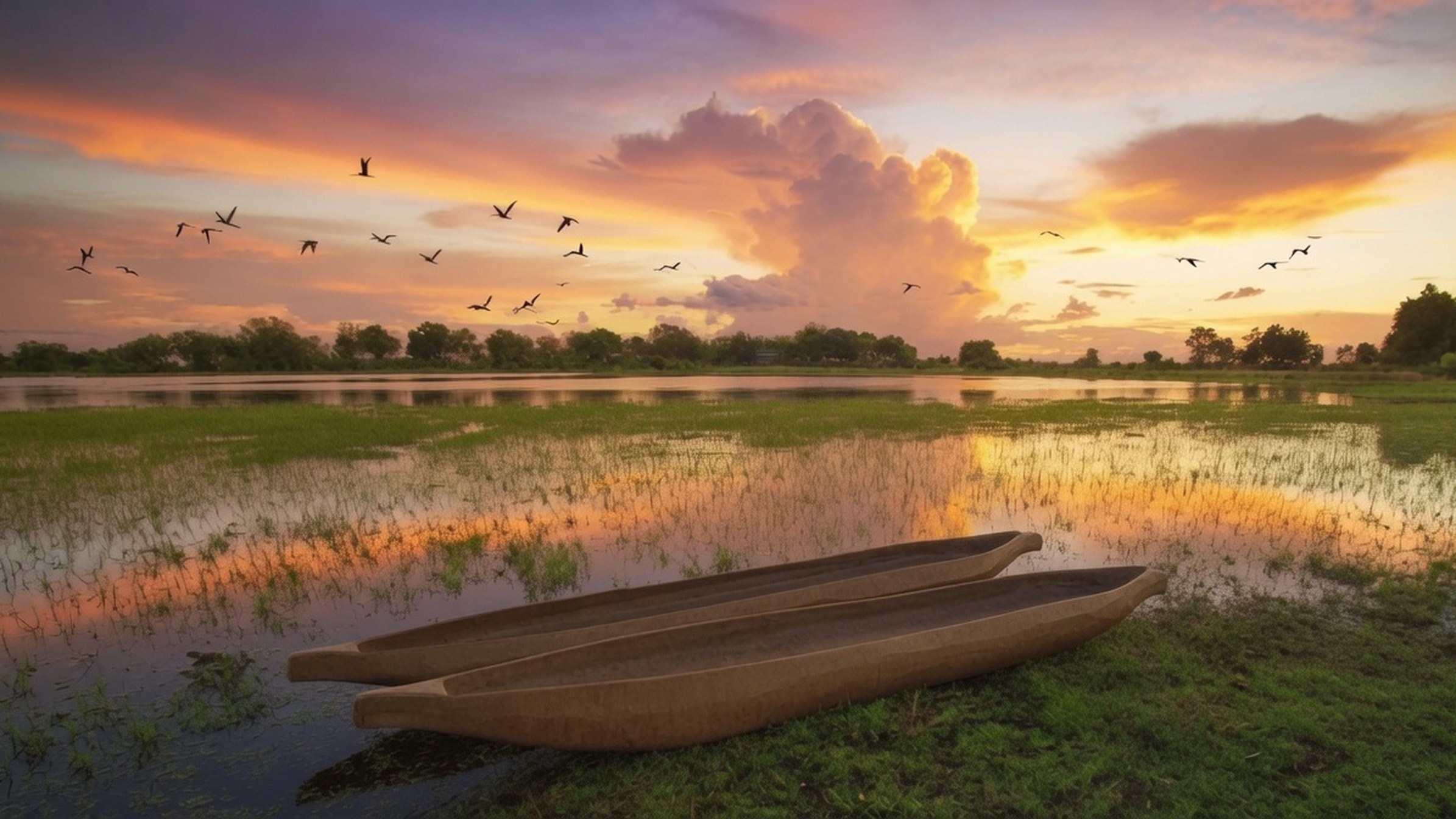 A mokoro gliding through the delta at dusk