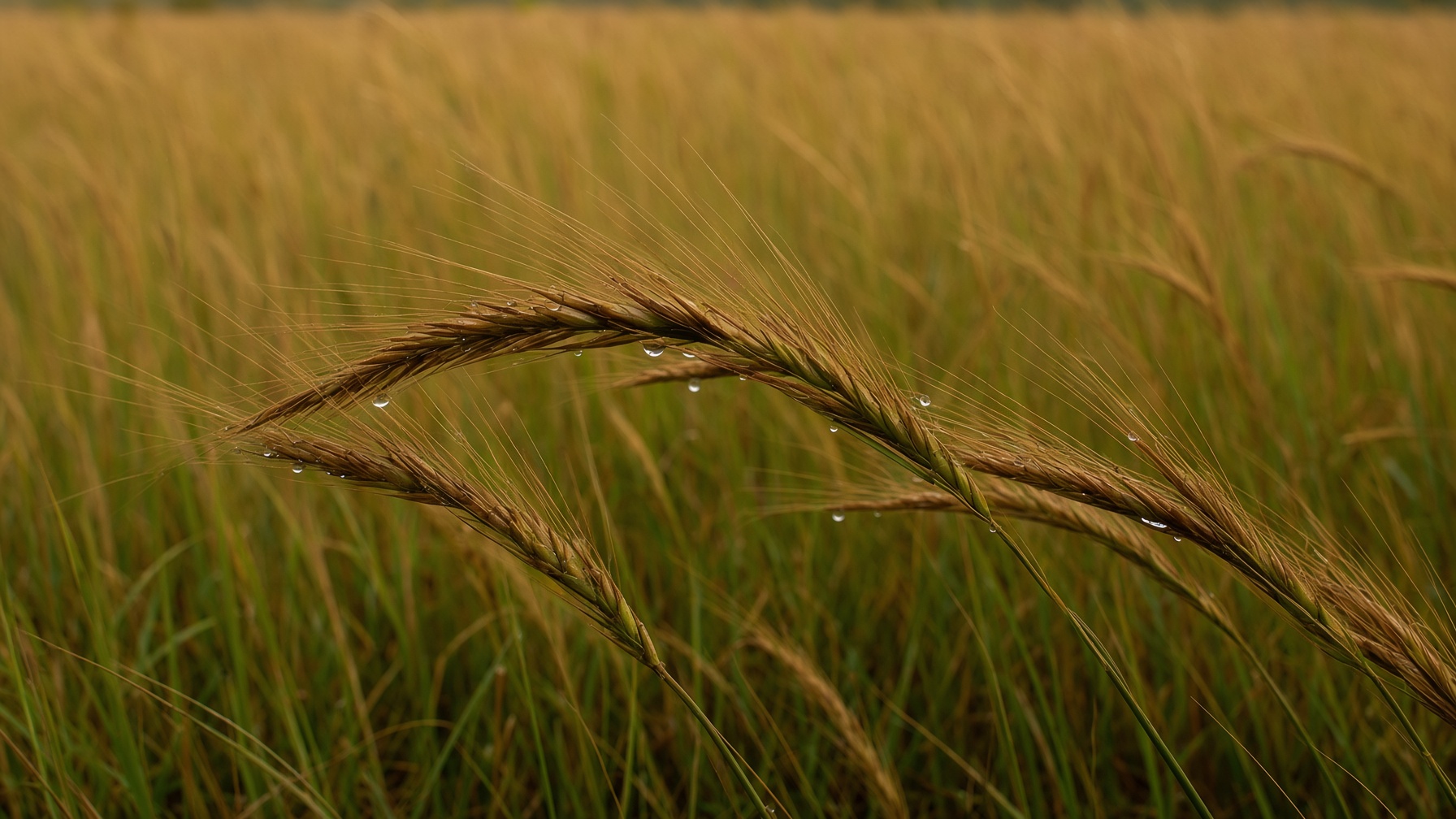 Golden grass stems with dew drops in soft bush light