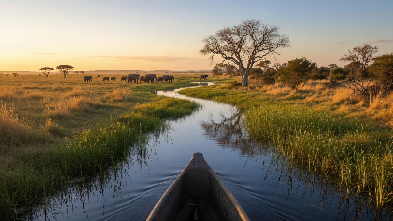 Mokoro gliding along a delta channel at sunset with elephants on the floodplain
