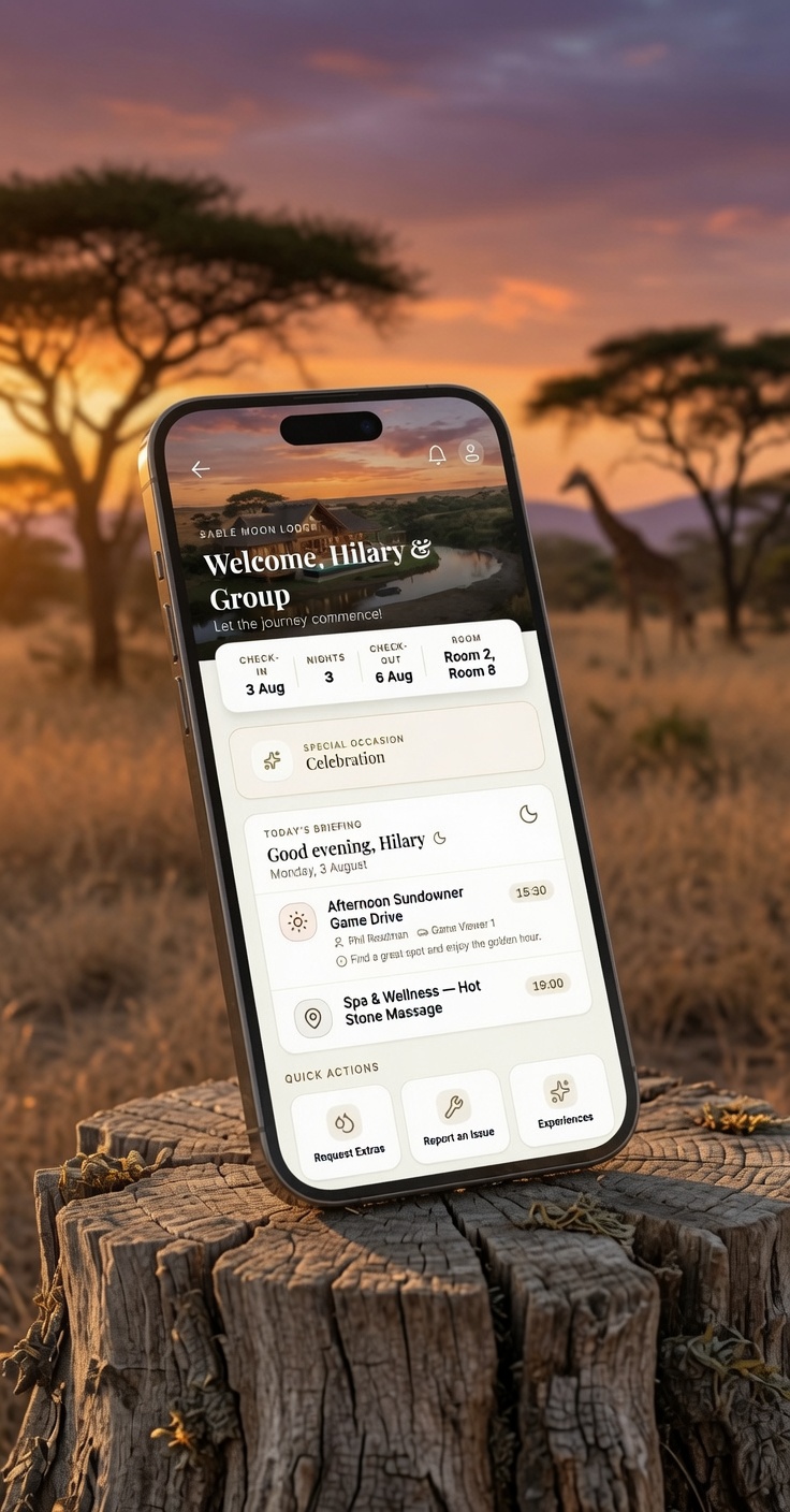 The LodgeFlow guest portal on a phone, showing a welcome message and the day's activity briefing