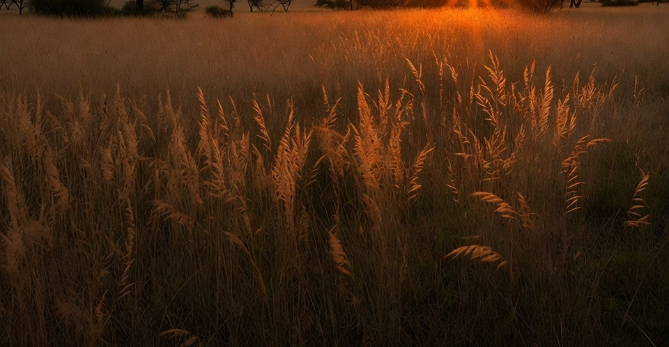 Sunlit savanna grasses glowing ember orange at sunset with a lodge treeline on the horizon