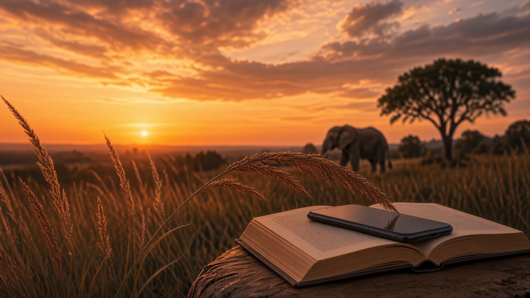 Open book and smartphone on a weathered stump at sunset in the African bush