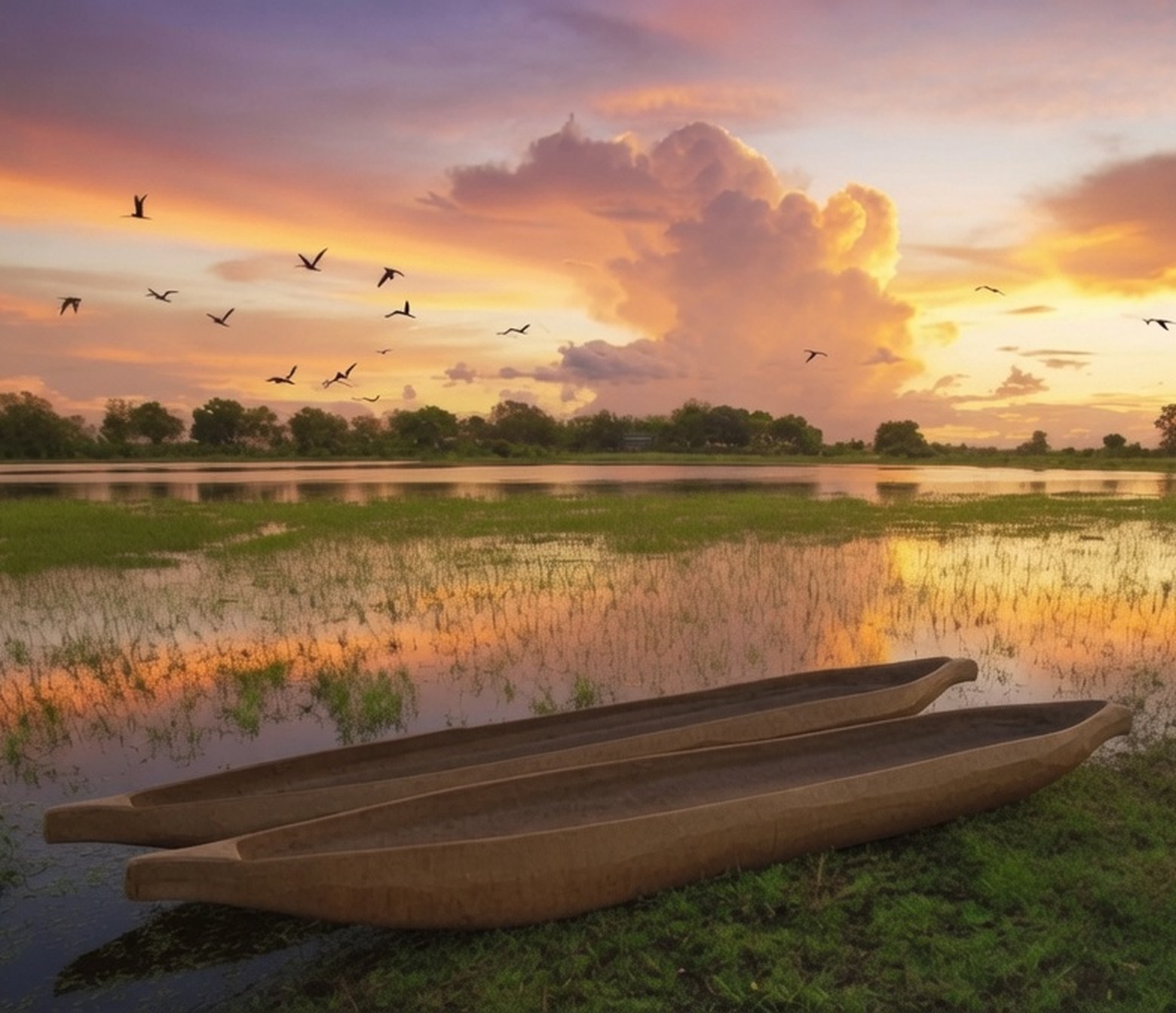 Two mokoro dugout canoes resting on a flooded delta plain at sunset, birds crossing an ember sky