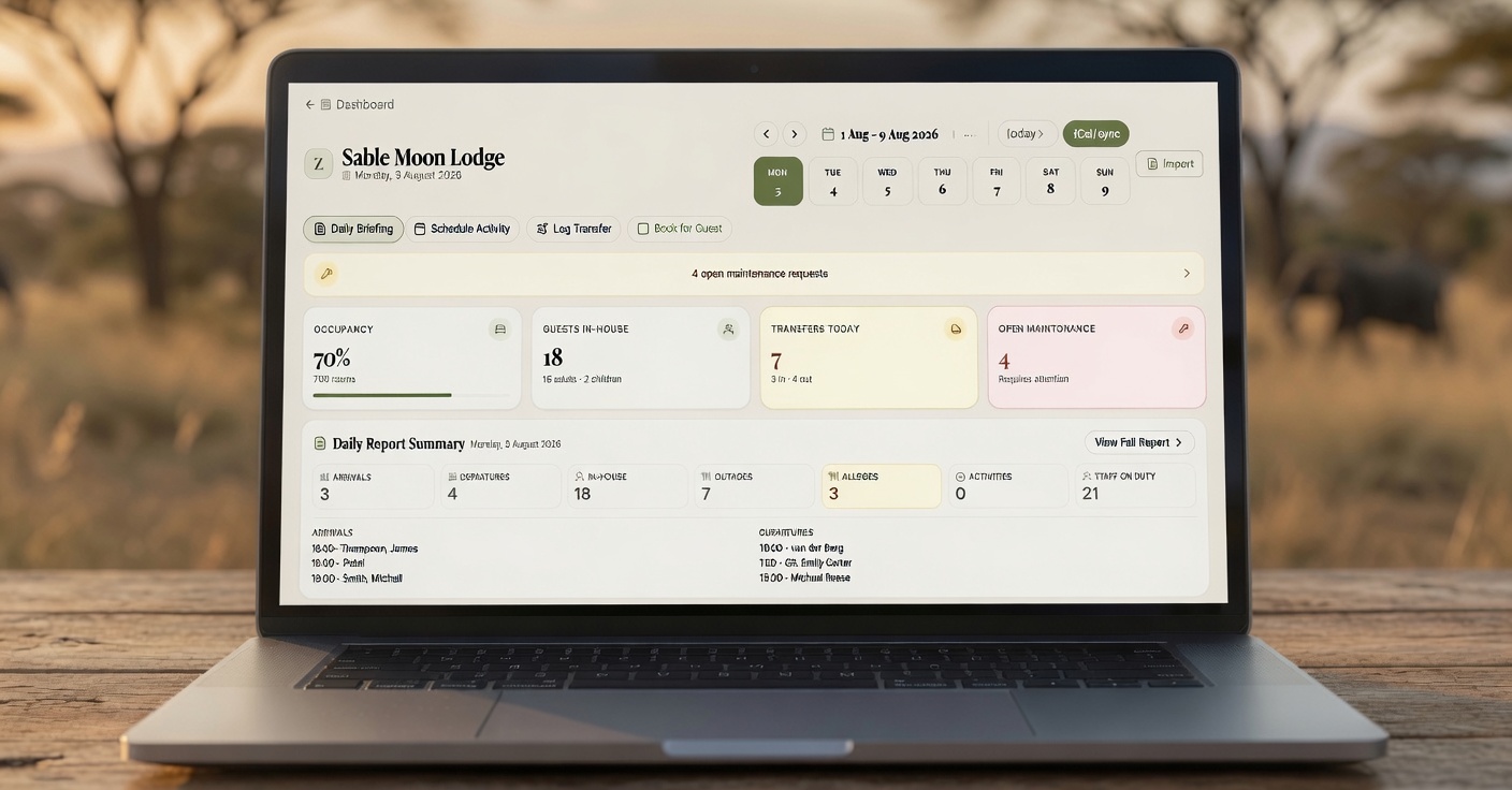 The LodgeFlow operations dashboard open on a laptop in the field